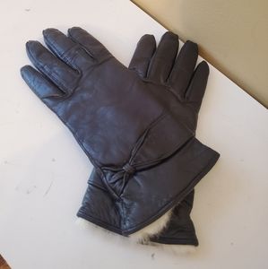 Leather rabbit fur women's gloves. Black. Never worn